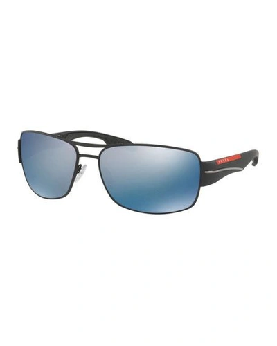 Prada Men's Polarized Mirrored Rectangular Metal Sunglasses In Black