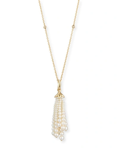 Utopia Pearl Tassel Pendant Necklace With Diamonds In 18k Gold