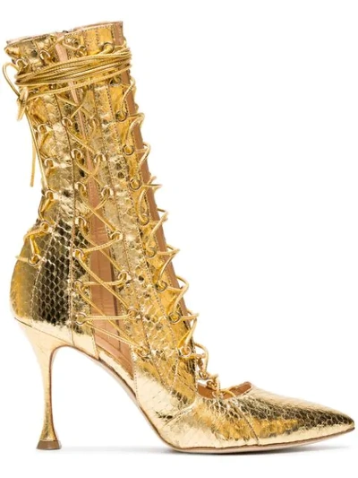 Liudmila Gold Drury Lane 100 Snakeskin Lace Up Boots In Metallic