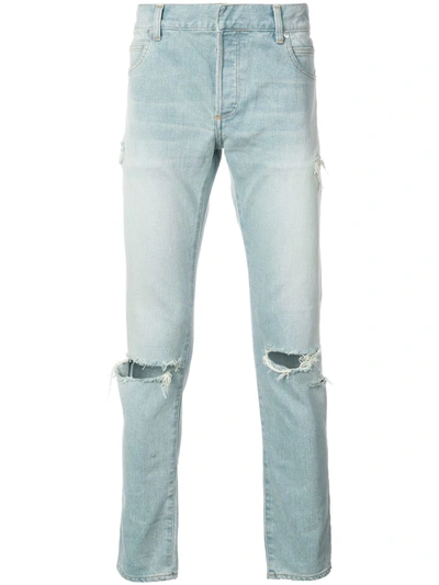 Balmain Ripped Slim Jeans In Blue