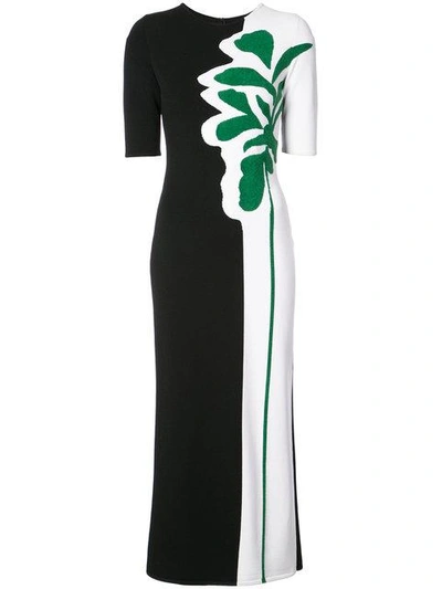 Oscar De La Renta Intarsia Flower Fitted Dress In White/ Black/ Evergreen