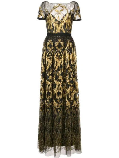 Marchesa Notte Metallic Embroidered Gown In Black