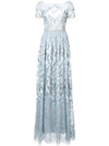 Marchesa Notte Embroidered Plunge Back Gown In Blue