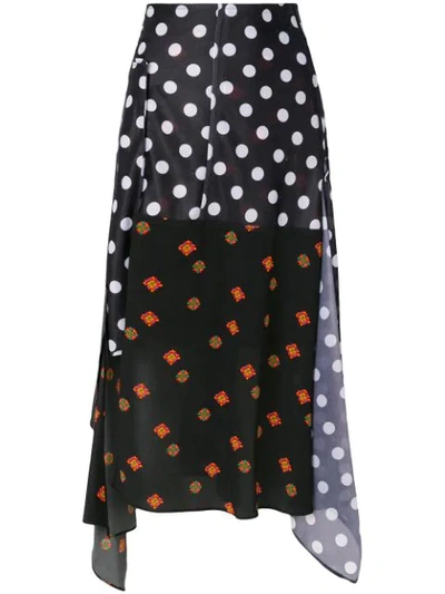 Jw Anderson Asymmetric Floral-print Jersey-paneled Polka-dot Gazar Midi Skirt In Black