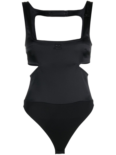 Courrèges Logo Cutout Satin Bodysuit In Black