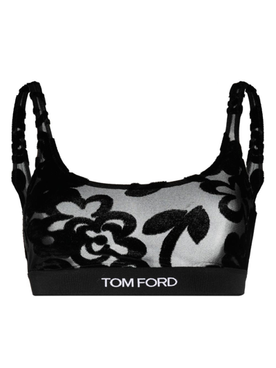 Tom Ford Tulle Devorè Floral Logo Bralette Top In Black