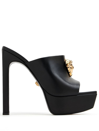 Versace 140mm Medusa Platform Leather Mules In Black Gold