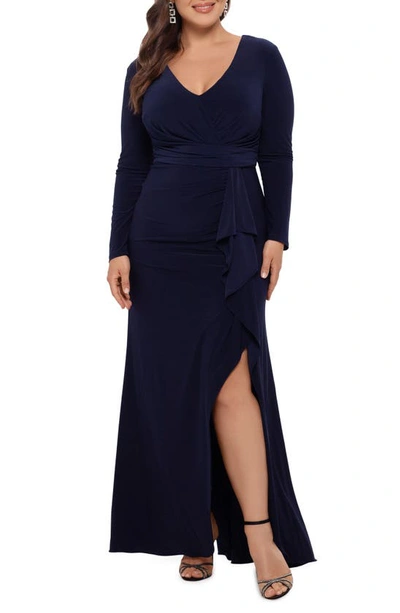 Betsy & Adam V-neck Cascading Ruffle Gown In Navy