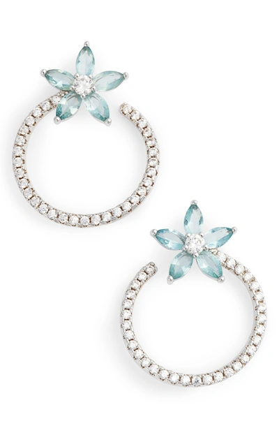 Nina Front To Back Floral Hoop Earrings In Silver/ Light Blue/ White Cz