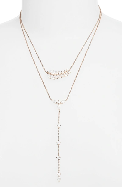 Nina Fern Layered Lariat Necklace In Rose Gold/ White Cz
