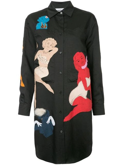 Moschino Pin Up Embellished Shirt Dress In Black