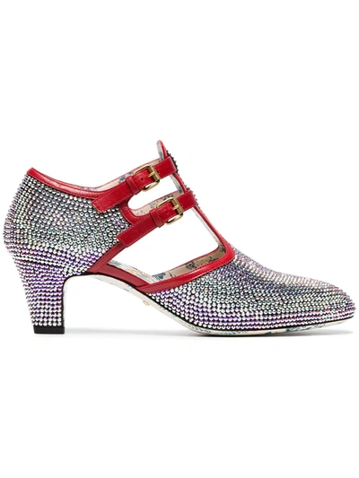 Gucci Metallic Mila 55 Crystal Leather Pumps In Silver