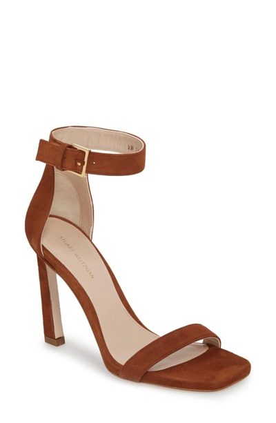 Stuart Weitzman Square Nudist Ankle Strap Sandal In Pecan Luxe Suede
