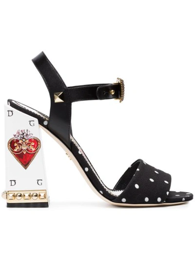 Dolce & Gabbana Sandal In Cady Printed In Pois With Jewel Heel In Black
