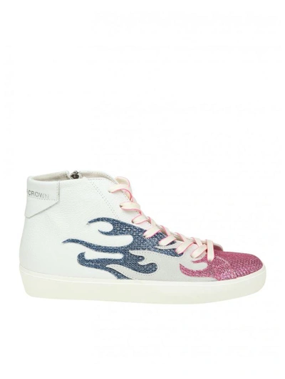 Leather Crown Sneakers High W Fire In Leather Color White And Pink