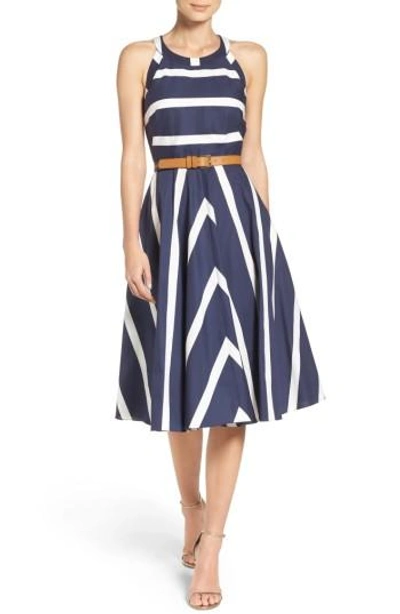 Eliza J Stripe Fit & Flare Dress In Navy/ White | ModeSens