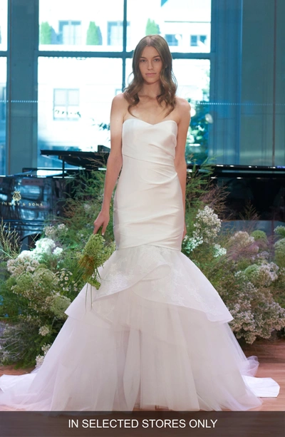 Monique Lhuillier Strapless Ruched Satin & Tulle Mermaid Gown In Silk White