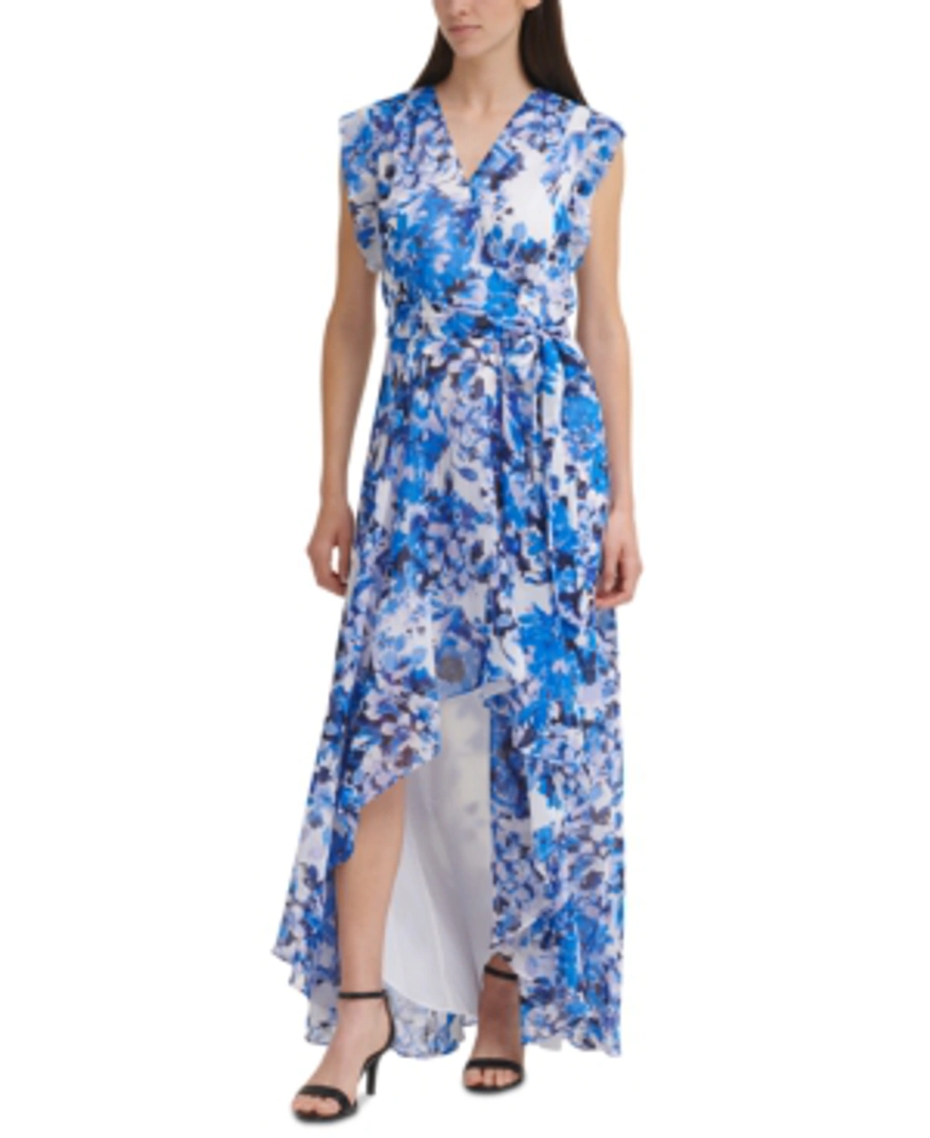 Eliza J Floral Ruffle High/low Maxi Dress In Blue/white
