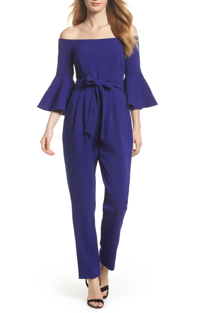 Eliza J Off The Shoulder Bell Sleeve Slim Leg Jumpsuit In Cobalt