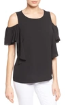 Bobeau Cold Shoulder Ruffle Sleeve Top In Black