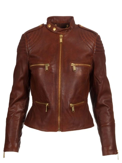 Michael Kors Leather Jacket In Cognac