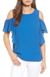 Bobeau Cold Shoulder Ruffle Sleeve Top In Royal
