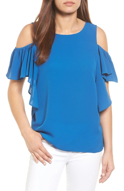 Bobeau Cold Shoulder Ruffle Sleeve Top In Royal
