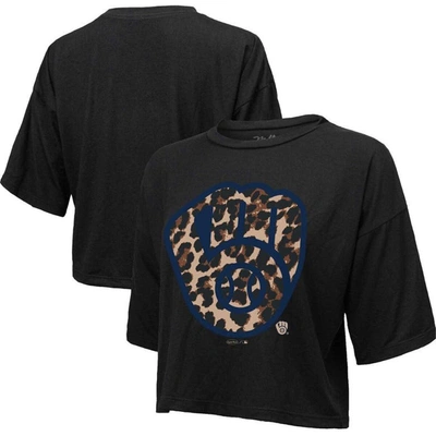 Majestic Threads Black Milwaukee Brewers Leopard Cropped T-shirt