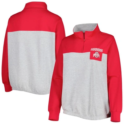 Profile Women's Heather Gray, Scarlet Ohio State Buckeyes Plus Size Sideline To Sideline Quarter-zip Top In Heather Gray,scarlet