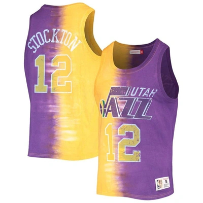 Mitchell & Ness John Stockton Gold/purple Utah Jazz Hardwood Classics Tie-dye Name & Number Tank Top In Gold,purple