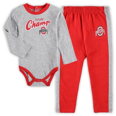 Outerstuff Babies' Infant Heathered Gray/scarlet Ohio State Buckeyes Little Kicker Long Sleeve Bodysuit And Sweatpants In Heathered Gray,scarlet