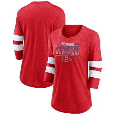 Fanatics Branded Heathered Red/white Montreal Canadiens Full Shield 3/4-sleeve Tri-blend Raglan Scoo In Heathered Red,white