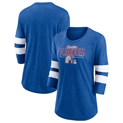 Fanatics Branded Heathered Royal/white Quebec Nordiques Full Shield 3/4-sleeve Tri-blend Raglan Scoo In Heathered Royal,white