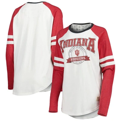 Pressbox Women's  White, Crimson Indiana Hoosiers Brooking Sleeve Stripe Raglan Long Sleeve T-shirt In White,crimson