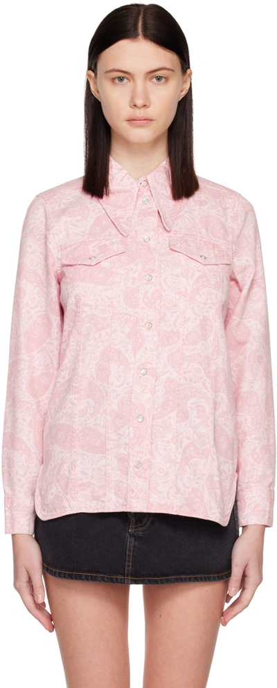 Ganni Paisley-print Organic Denim Shirt In Pink