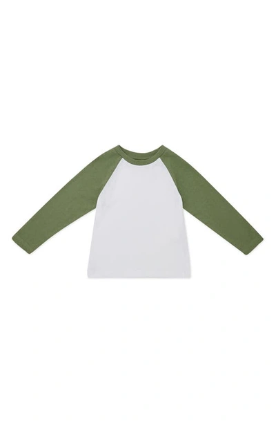 Dotty Dungarees Kids' Long Sleeve Cotton Baseball Tee In White Sand/ Khaki Green