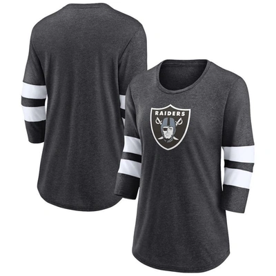 Fanatics Branded Heathered Charcoal Las Vegas Raiders Primary Logo 3/4 Sleeve Scoop Neck T-shirt