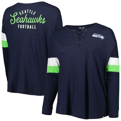 New Era Navy Seattle Seahawks Plus Size Athletic Varsity Lace-up V-neck Long Sleeve T-shirt