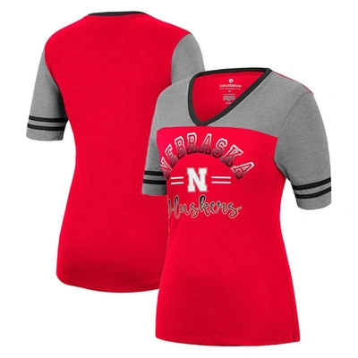Colosseum Women's  Scarlet, Heathered Gray Nebraska Huskers There You Are V-neck T-shirt In Scarlet,heathered Gray