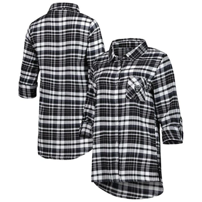 Concepts Sport Black Las Vegas Raiders Mainstay Plaid Full-button Long Sleeve Nightshirt In Black,silver