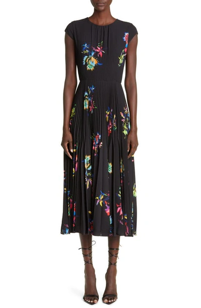 Jason Wu Pleated Floral Print Cap Sleeve Midi Dress In Black Multi