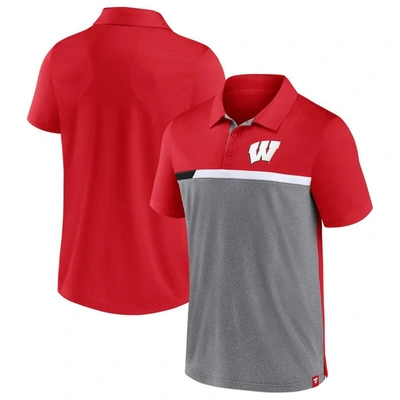 Fanatics Men's  Red And Heathered Gray Wisconsin Badgers Split Block Color Block Polo Shirt In Red,heathered Gray