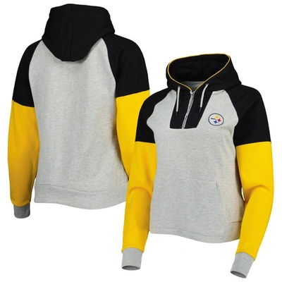 Antigua Heather Gray Pittsburgh Steelers Lightweight Jackpot Raglan Half-zip Pullover Hoodie In Heathered Gray,black