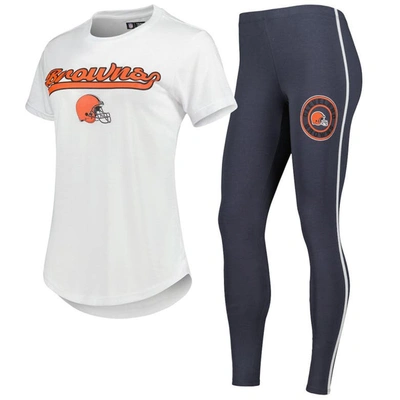 Concepts Sport Women's  White, Charcoal Cleveland Browns Sonata T-shirt And Leggings Sleep Set In White,charcoal