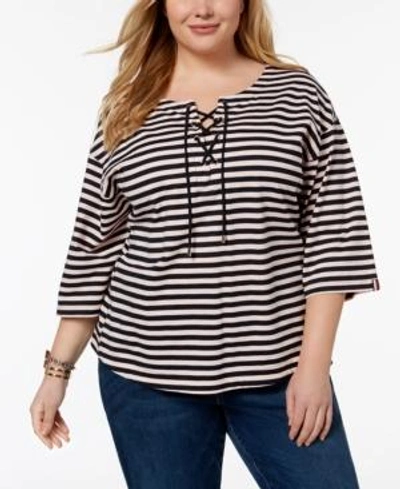 Tommy Hilfiger Plus Size Cotton Lace-up Top, Created For Macy's In Pink/sky Captain