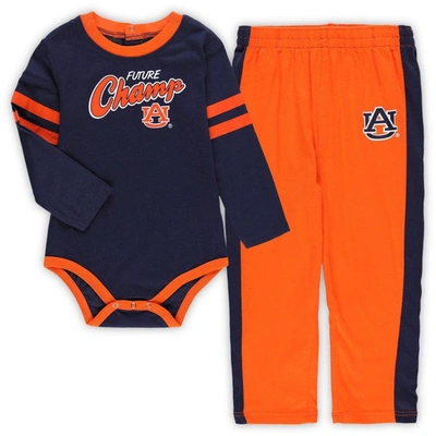 Outerstuff Baby Boys And Girls Navy, Orange Auburn Tigers Little Kicker Long Sleeve Bodysuit And Sweatpants Set In Navy,orange
