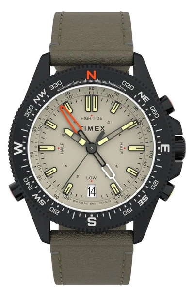 Timex Men's Expedition North Tide-temp-compass Stainless Steel & Leather Strap Watch In Green Black