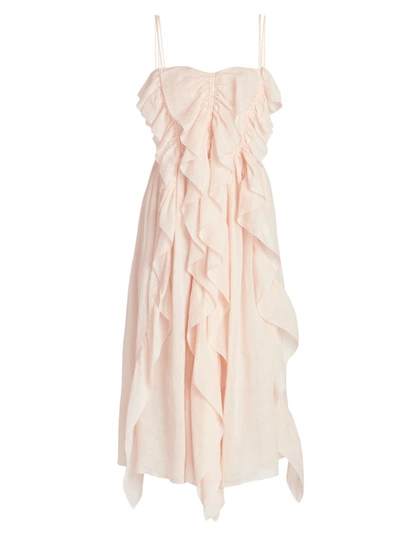 Chloé Ruched Ruffle Voile Midi Dress In Pink