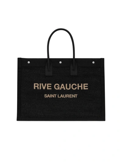 Saint Laurent Men's Rive Gauche Raffia Canvas Tote Bag In Nerobeig