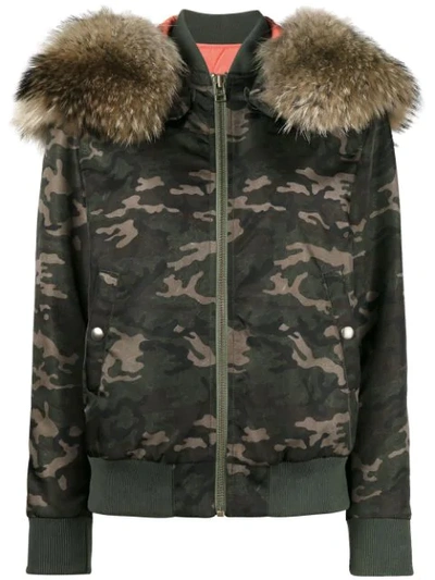 Mr & Mrs Italy Camouflage Fur Hood Bomber Jacket In Green